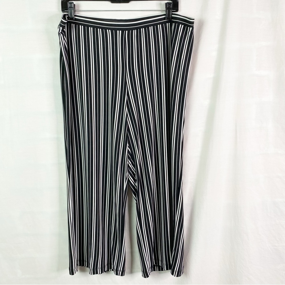 Ruby Rd Tribe Vines Black White Stripe Wide Leg Capri Knit Pants Lg NEW NWT
